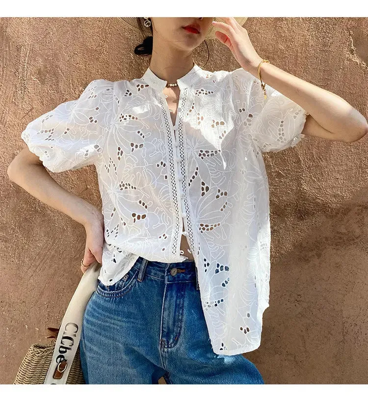 Women's Short-sleeved Cotton Embroidered Shirt