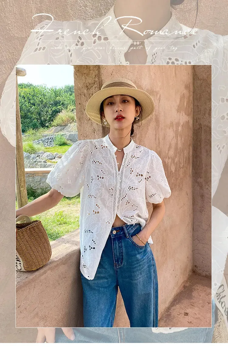 Women's Short-sleeved Cotton Embroidered Shirt