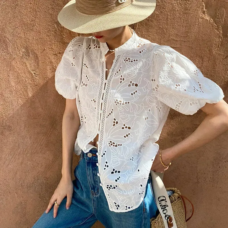 Women's Short-sleeved Cotton Embroidered Shirt