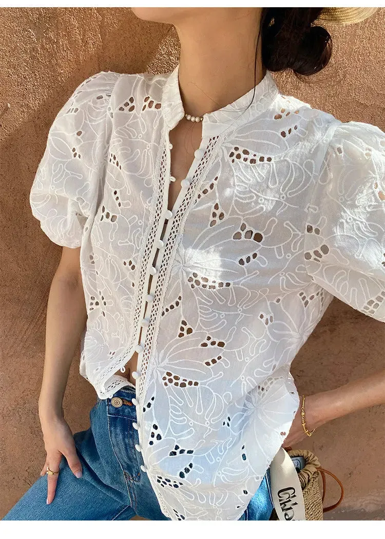 Women's Short-sleeved Cotton Embroidered Shirt
