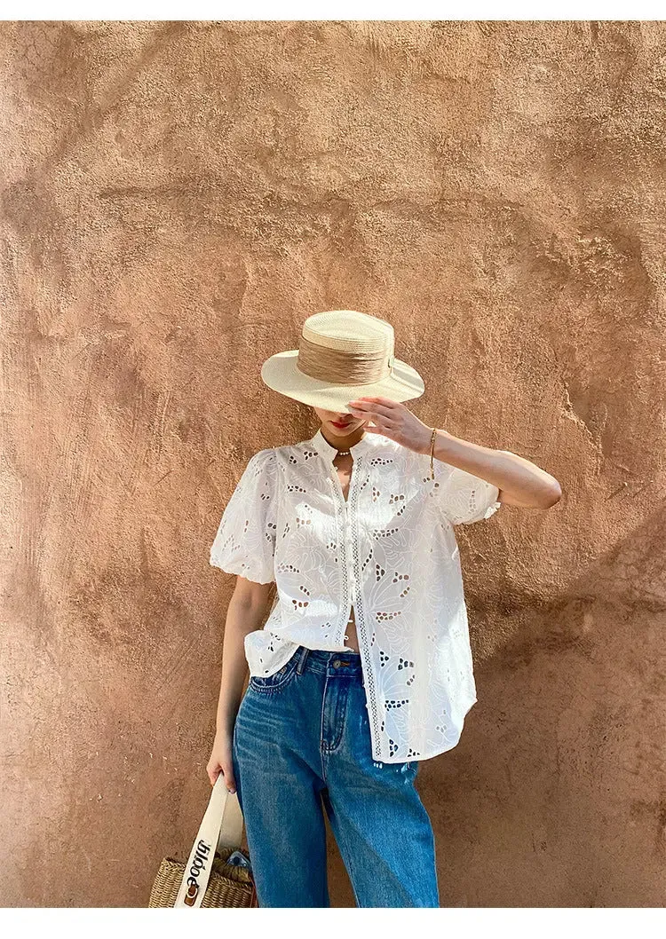 Women's Short-sleeved Cotton Embroidered Shirt