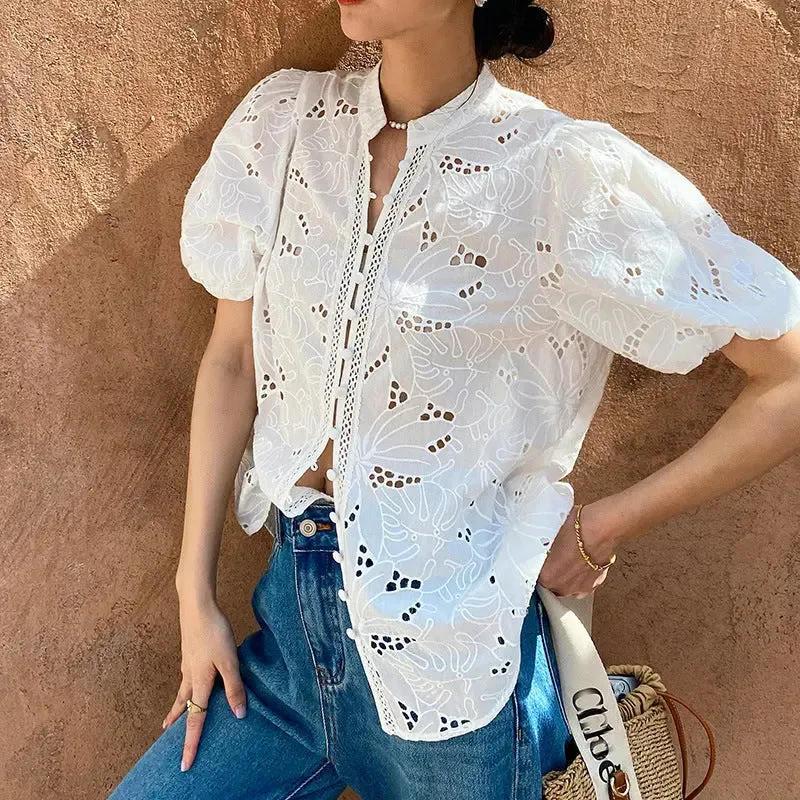 Women's Short-sleeved Cotton Embroidered Shirt