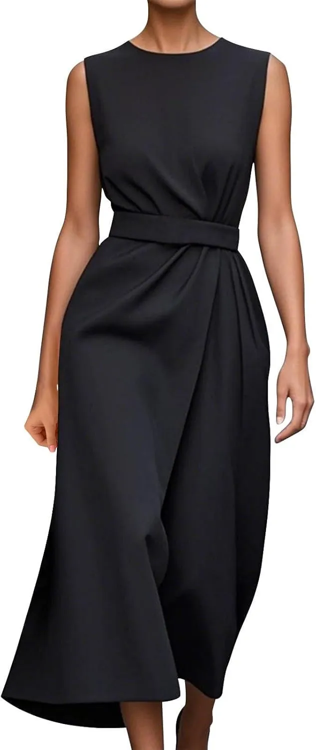 Womens Sleeveless Dress Casual Crewneck Maxi Dresses Elegant Solid Color Tunic A Line Party Long Dresses with Belt