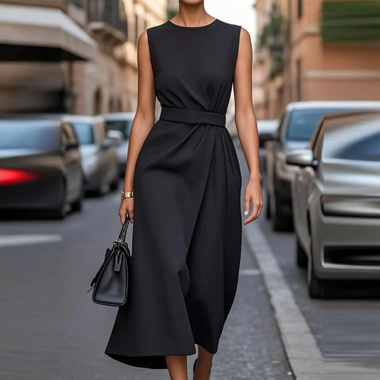 Womens Sleeveless Dress Casual Crewneck Maxi Dresses Elegant Solid Color Tunic A Line Party Long Dresses with Belt