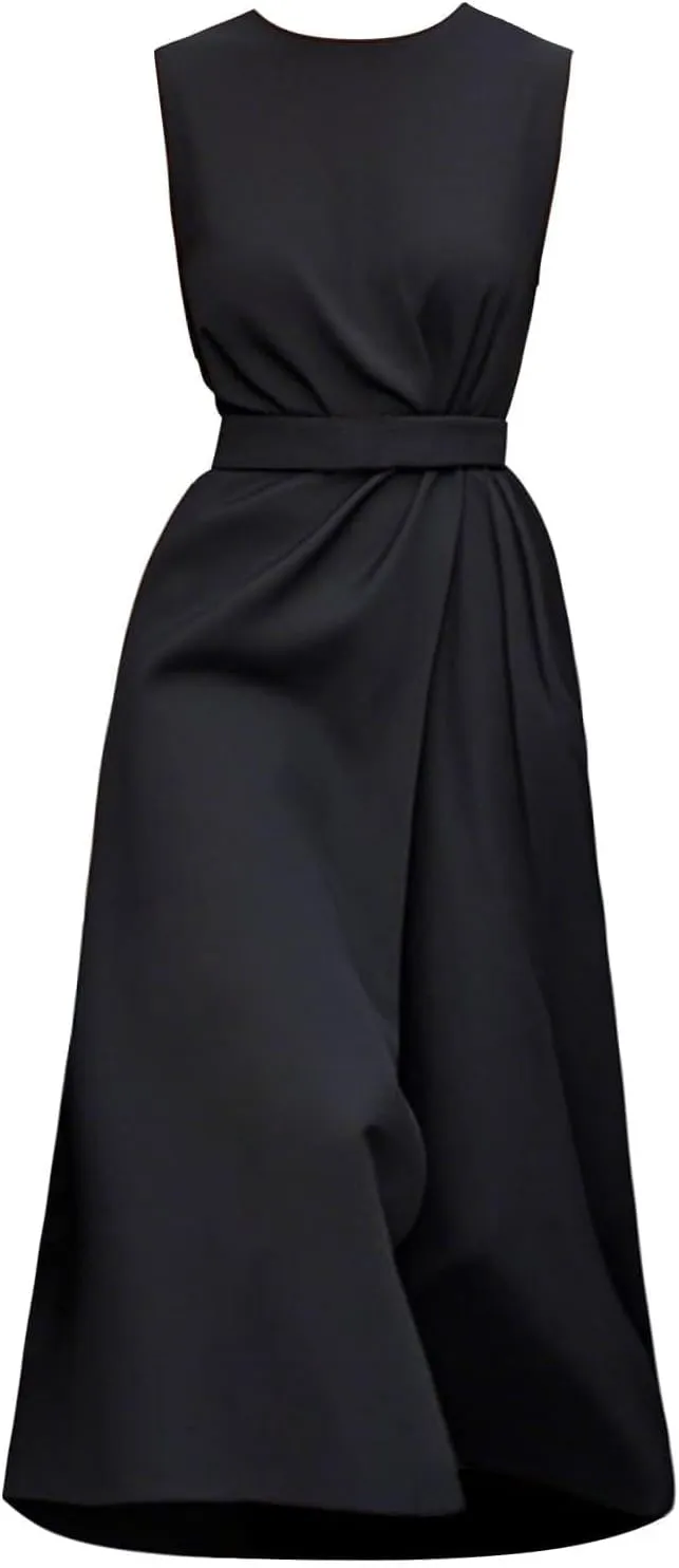 Womens Sleeveless Dress Casual Crewneck Maxi Dresses Elegant Solid Color Tunic A Line Party Long Dresses with Belt
