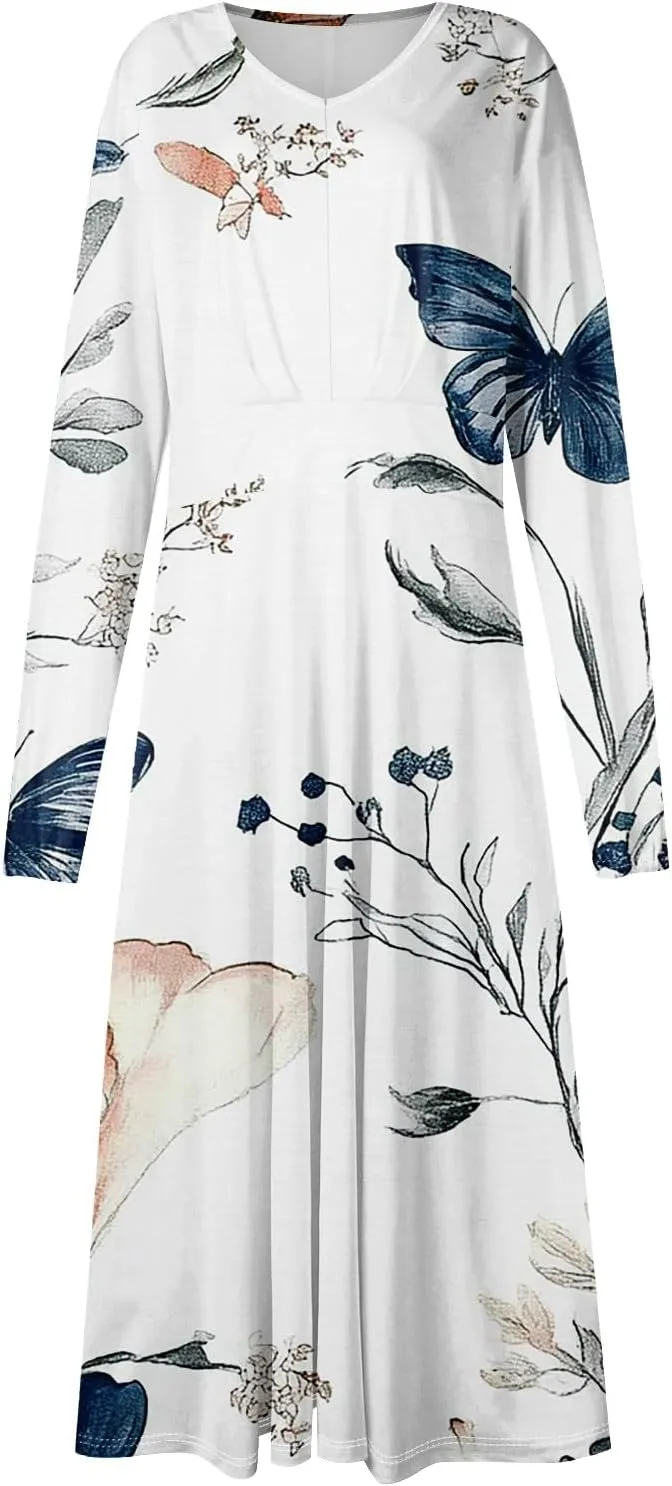 Womens Spring Dresses 2025 Midi V Neck Long Sleeve Casual Tea Length Teens Work Cruise Fashion Dress