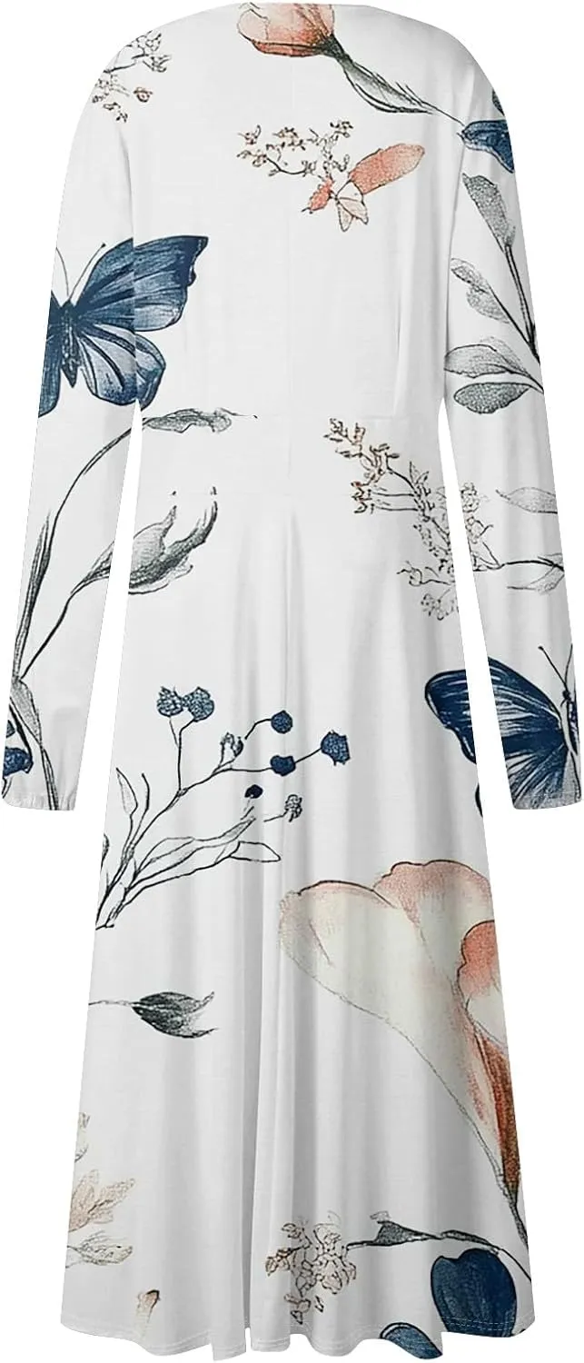 Womens Spring Dresses 2025 Midi V Neck Long Sleeve Casual Tea Length Teens Work Cruise Fashion Dress