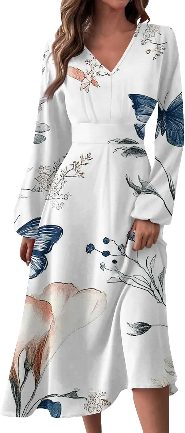 Womens Spring Dresses 2025 Midi V Neck Long Sleeve Casual Tea Length Teens Work Cruise Fashion Dress