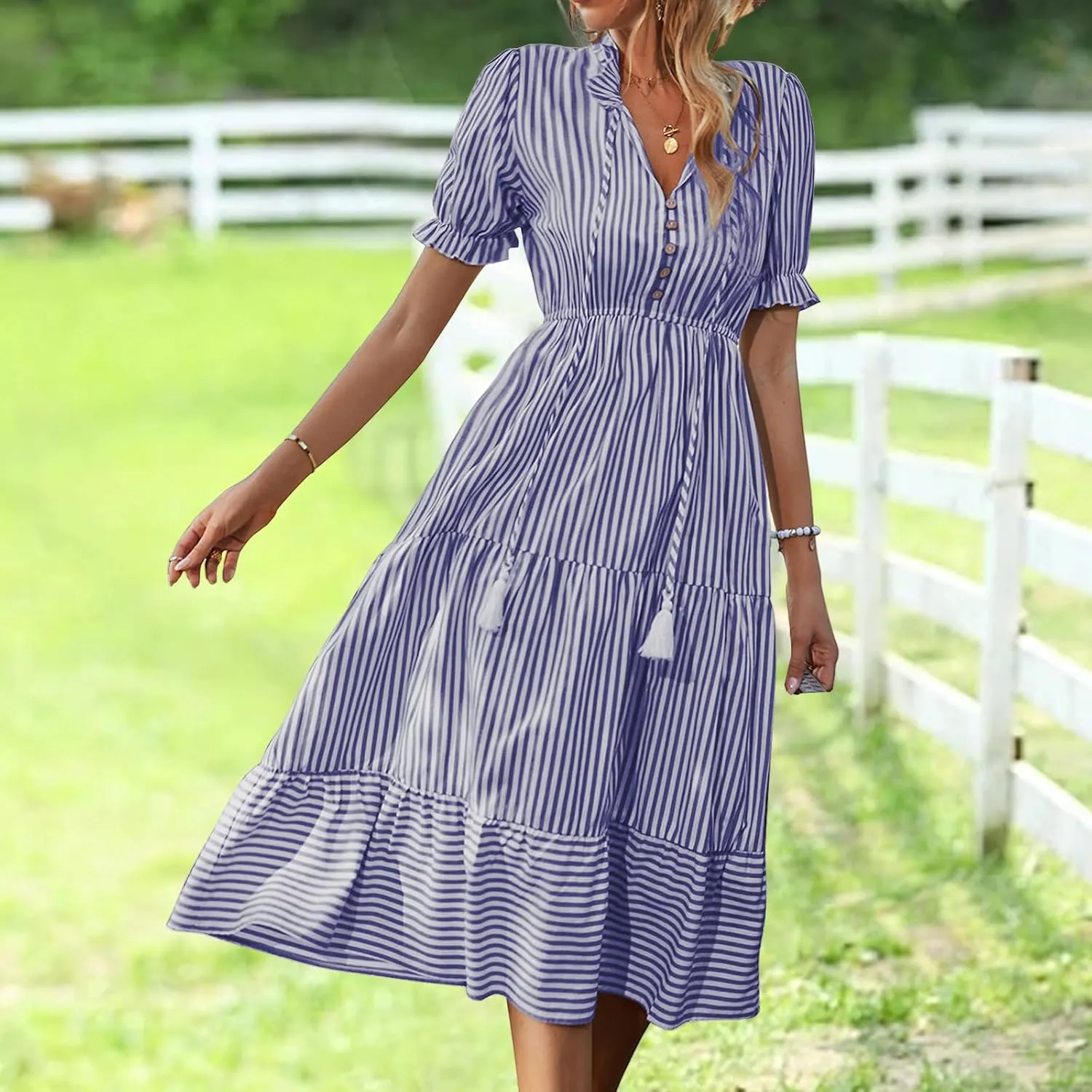 Womens Striped Dress Casual V Neck Button Down Short Sleeve Midi Dress Summer Comfy Tunic Tiered Ruffle Hem Sundress