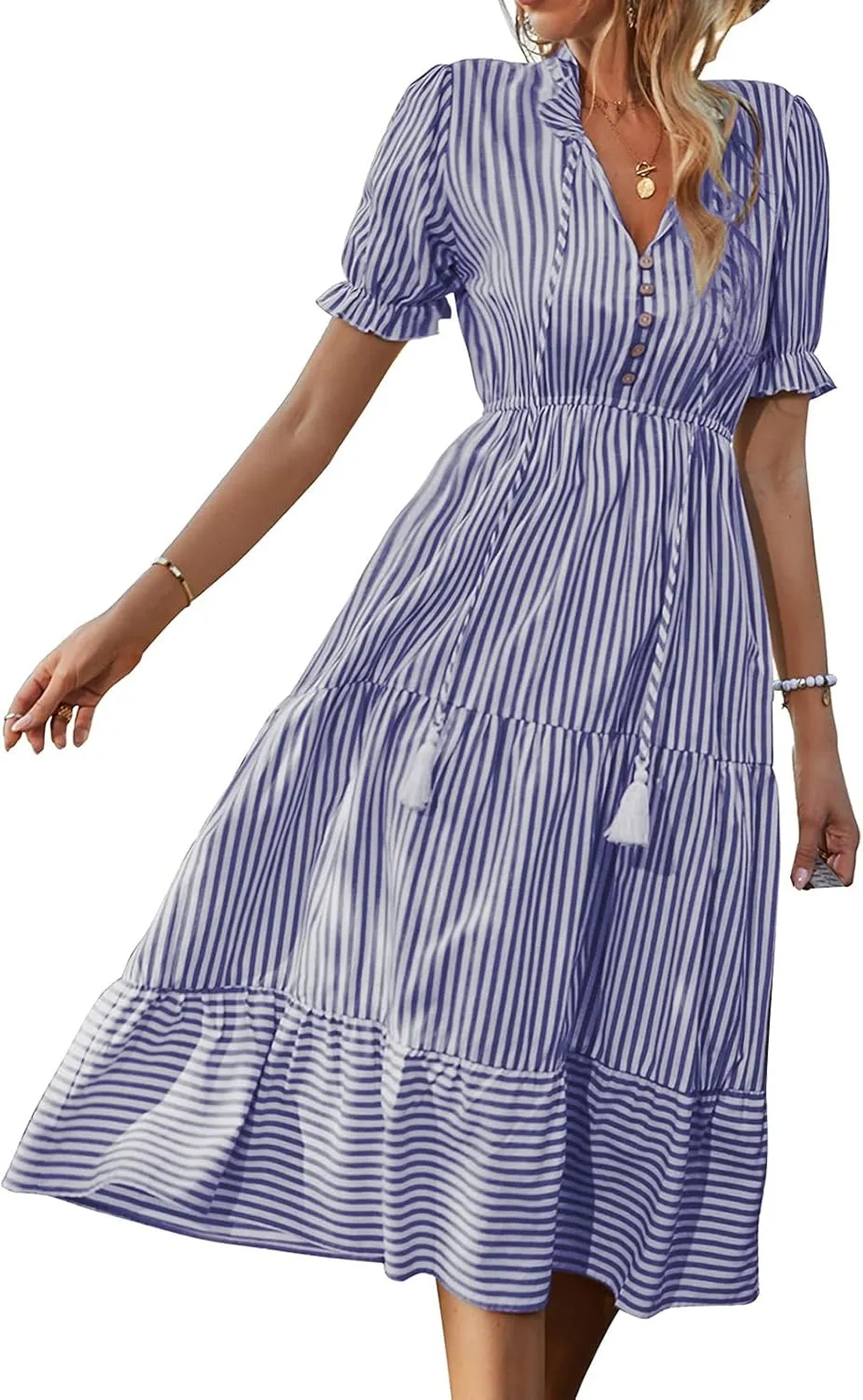Womens Striped Dress Casual V Neck Button Down Short Sleeve Midi Dress Summer Comfy Tunic Tiered Ruffle Hem Sundress