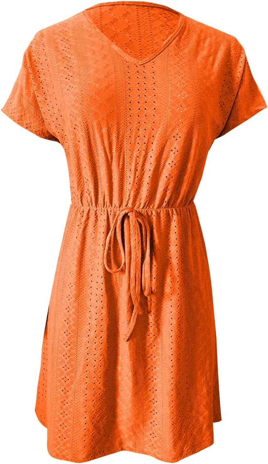Womens Summer A-Line Dress V-Neck Sundress Mini Short Sleeve Dresses Flowy Beach Swing Dress Vacation Travel Outfits
