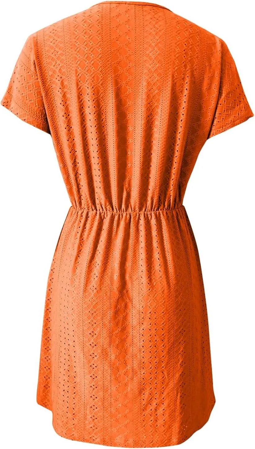 Womens Summer A-Line Dress V-Neck Sundress Mini Short Sleeve Dresses Flowy Beach Swing Dress Vacation Travel Outfits