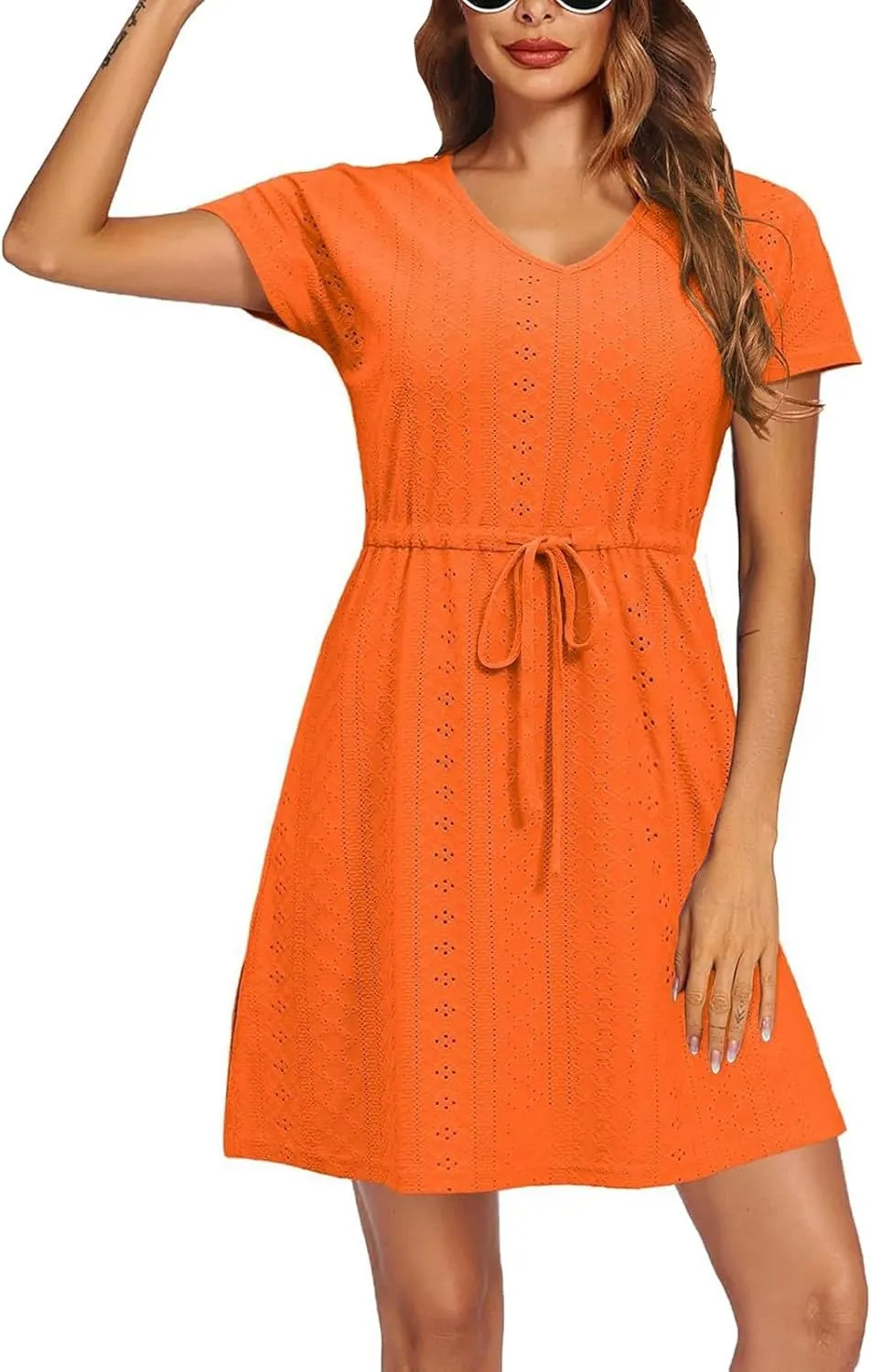 Womens Summer A-Line Dress V-Neck Sundress Mini Short Sleeve Dresses Flowy Beach Swing Dress Vacation Travel Outfits