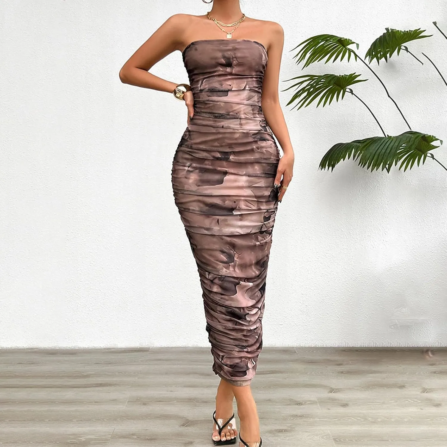 Women's Summer Bodycon Dresses Strapless Tube Top Printed Long Club Slit Dress Silk Dresses for