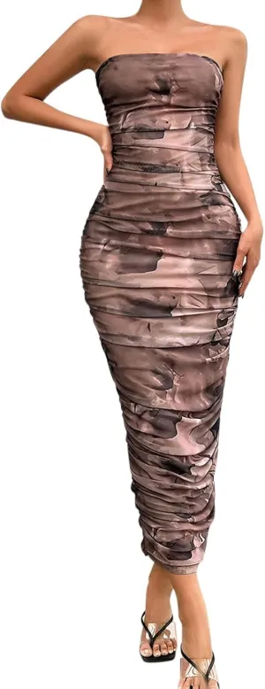 Women's Summer Bodycon Dresses Strapless Tube Top Printed Long Club Slit Dress Silk Dresses for