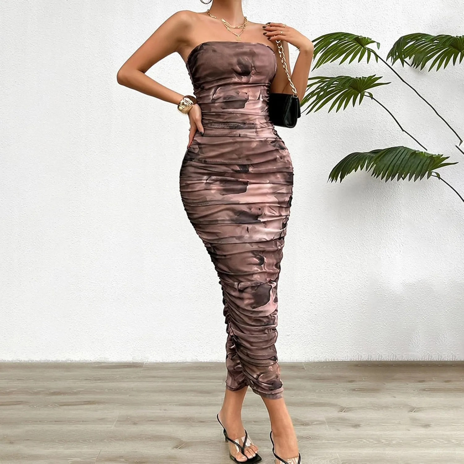 Women's Summer Bodycon Dresses Strapless Tube Top Printed Long Club Slit Dress Silk Dresses for
