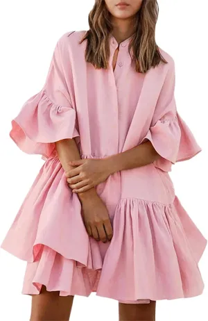 Women's Summer Button Down Shirt Dress Casual Ruffle Sleeve Shift Mini Dresses with Pockets