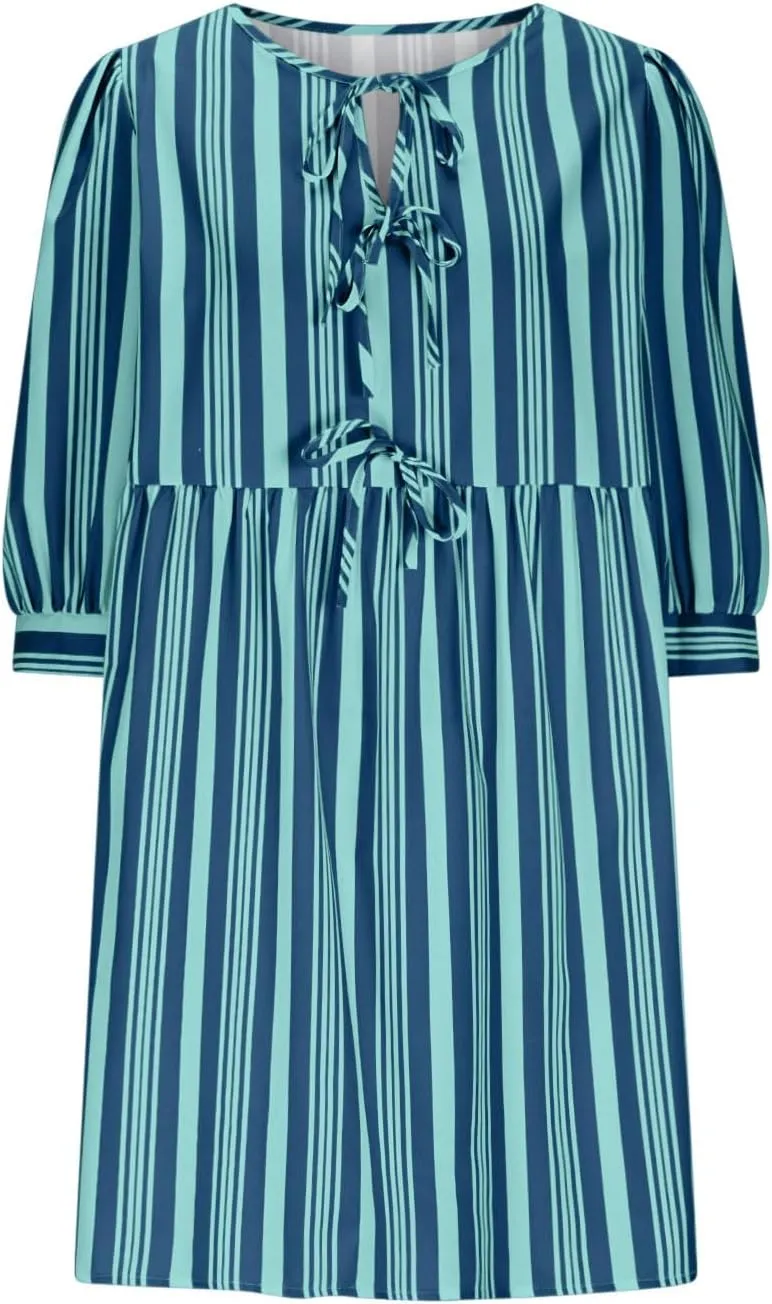Womens Summer Casual Half Sleeve Stripe Dresses A Line Bow Tie Front Babydoll Loose Cute Mini Dress with Pockets