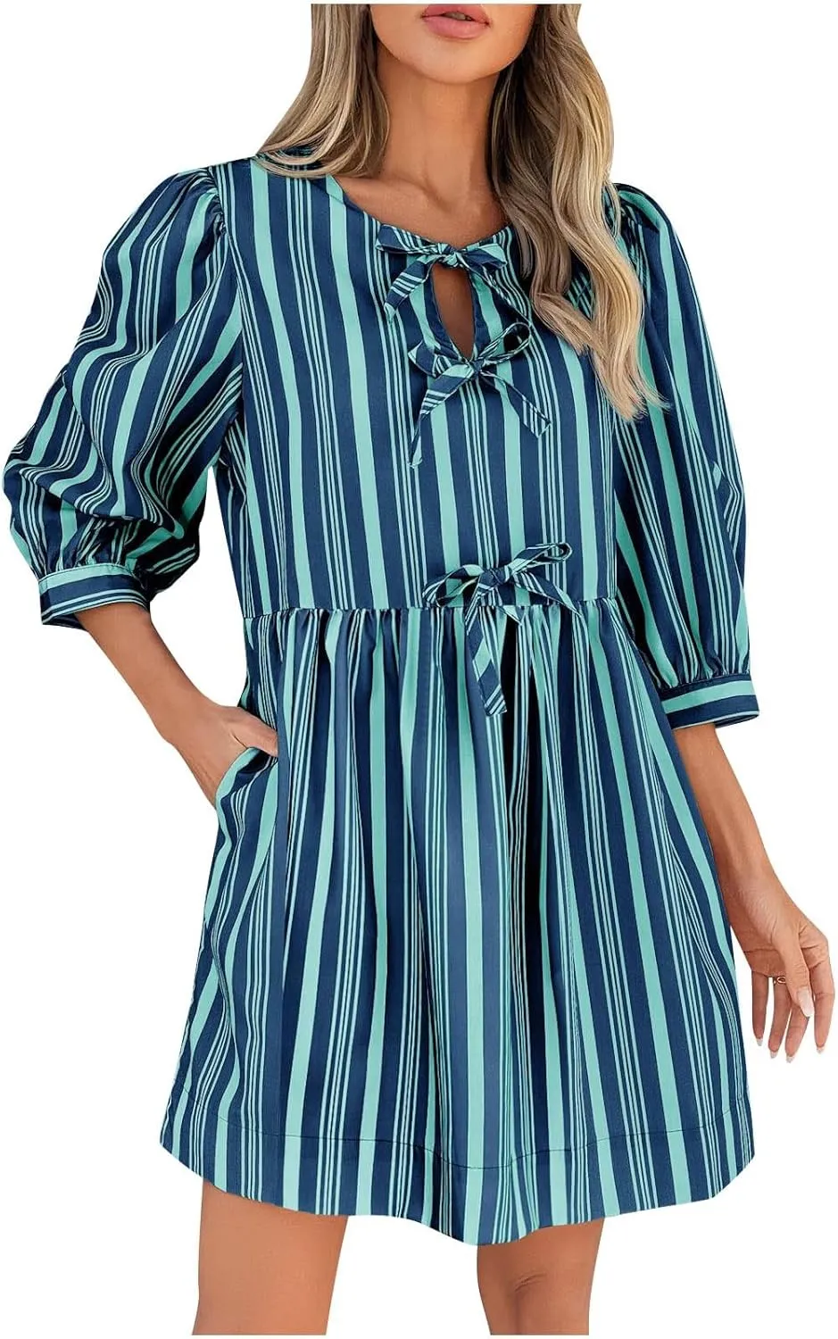 Womens Summer Casual Half Sleeve Stripe Dresses A Line Bow Tie Front Babydoll Loose Cute Mini Dress with Pockets
