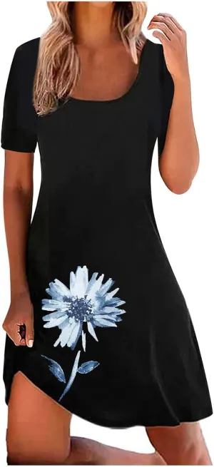 Womens Summer Casual Loose Dress Short Sleeve Flowy Shirt Dress Beachwear Sundresses Boho Printed Dresses