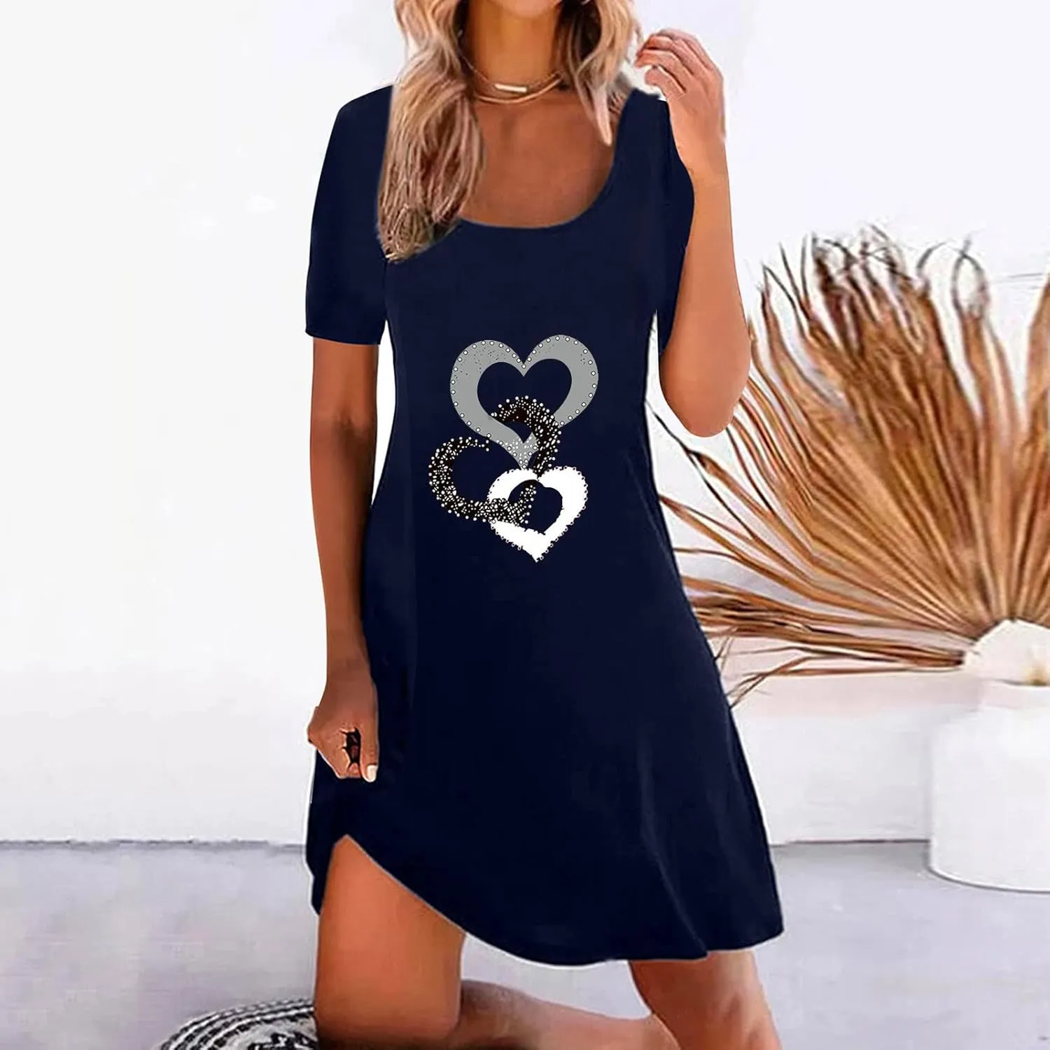 Womens Summer Casual Loose Dress Short Sleeve Flowy Shirt Dress Beachwear Sundresses Boho Printed Dresses