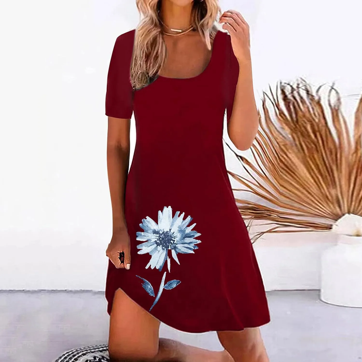 Womens Summer Casual Loose Dress Short Sleeve Flowy Shirt Dress Beachwear Sundresses Boho Printed Dresses
