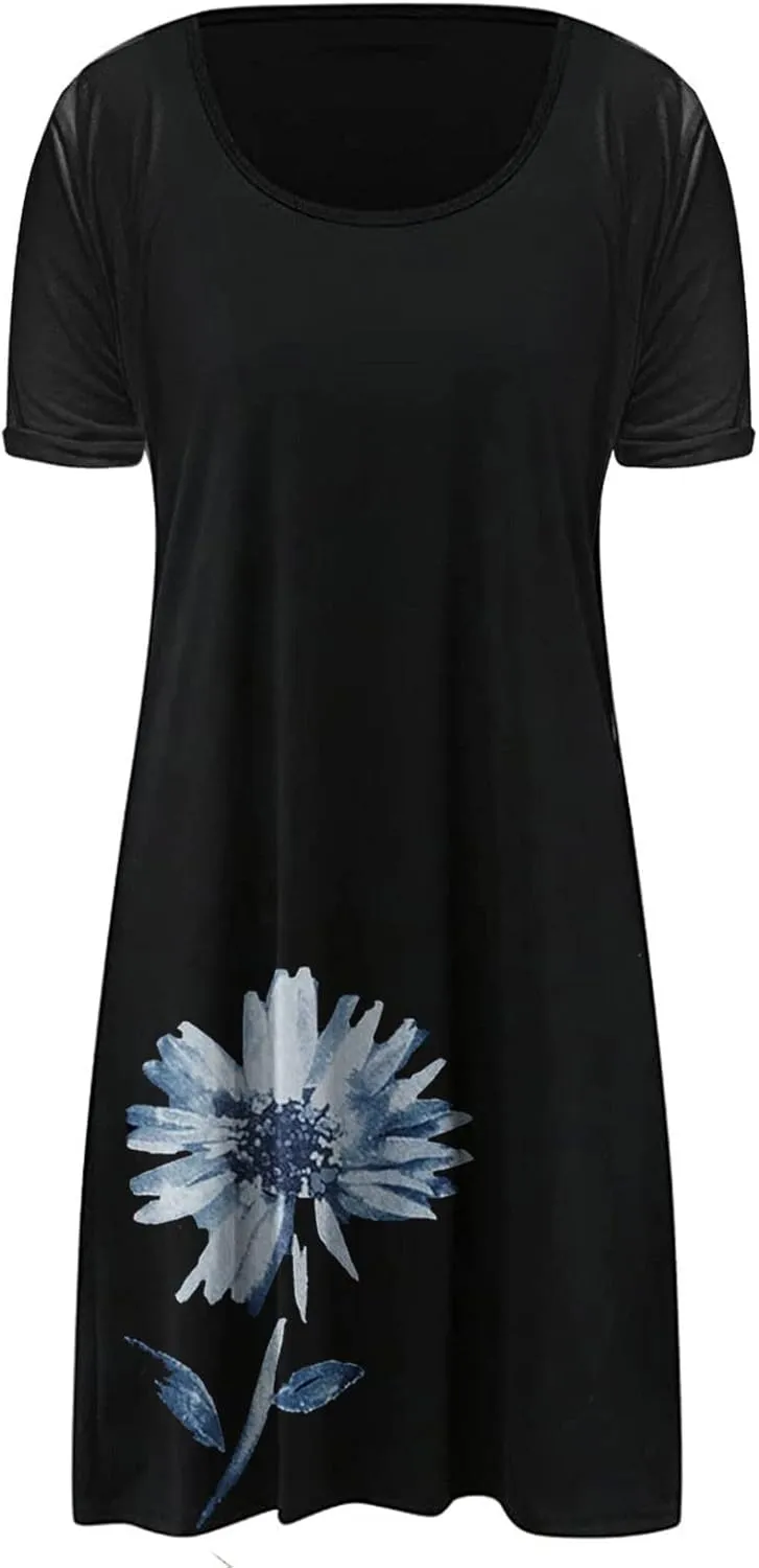 Womens Summer Casual Loose Dress Short Sleeve Flowy Shirt Dress Beachwear Sundresses Boho Printed Dresses