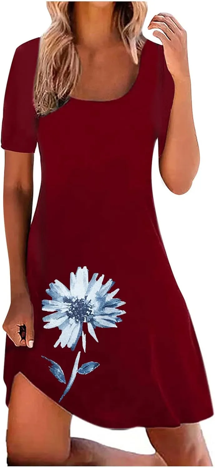 Womens Summer Casual Loose Dress Short Sleeve Flowy Shirt Dress Beachwear Sundresses Boho Printed Dresses