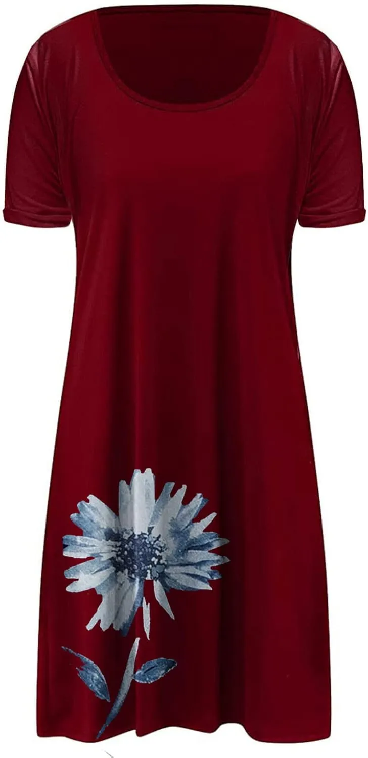 Womens Summer Casual Loose Dress Short Sleeve Flowy Shirt Dress Beachwear Sundresses Boho Printed Dresses