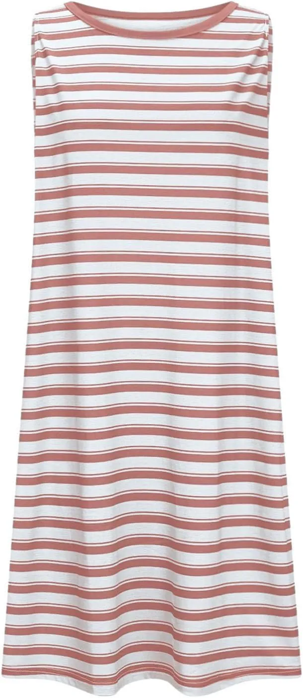Women's Summer Casual Striped Tank Dresses with Pockets Loose Fit Crewneck Sleeveless Flowy A Line Mini Beach Sundress