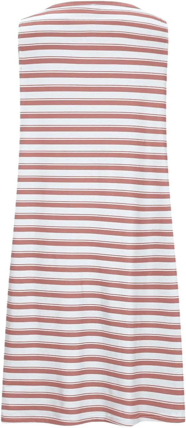 Women's Summer Casual Striped Tank Dresses with Pockets Loose Fit Crewneck Sleeveless Flowy A Line Mini Beach Sundress