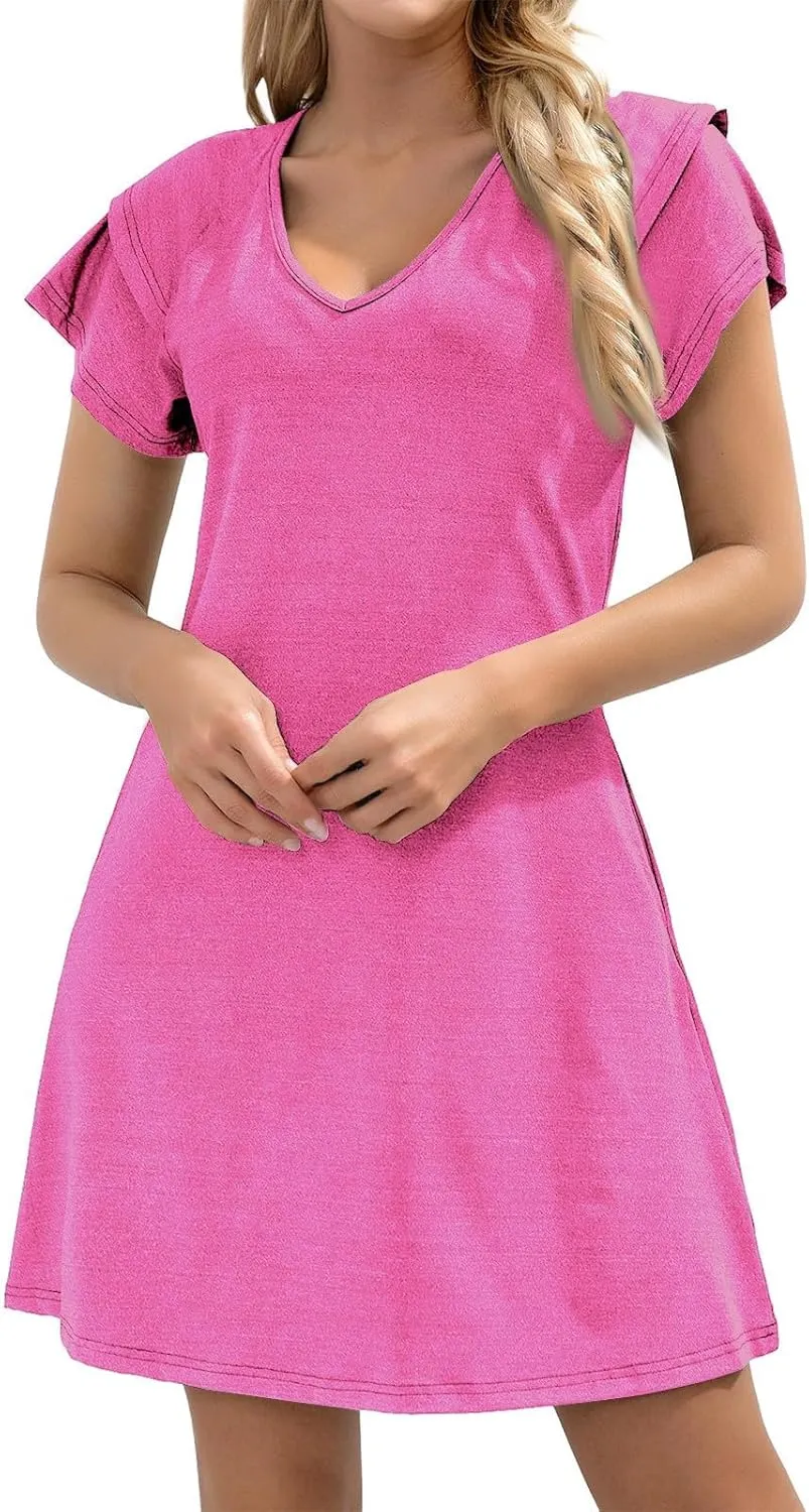 Womens Summer Casual Tank Dress Sleeveless V Neck T Shirt Sundress Flowy Tiered Swing Mini Beach Vacation Dresses