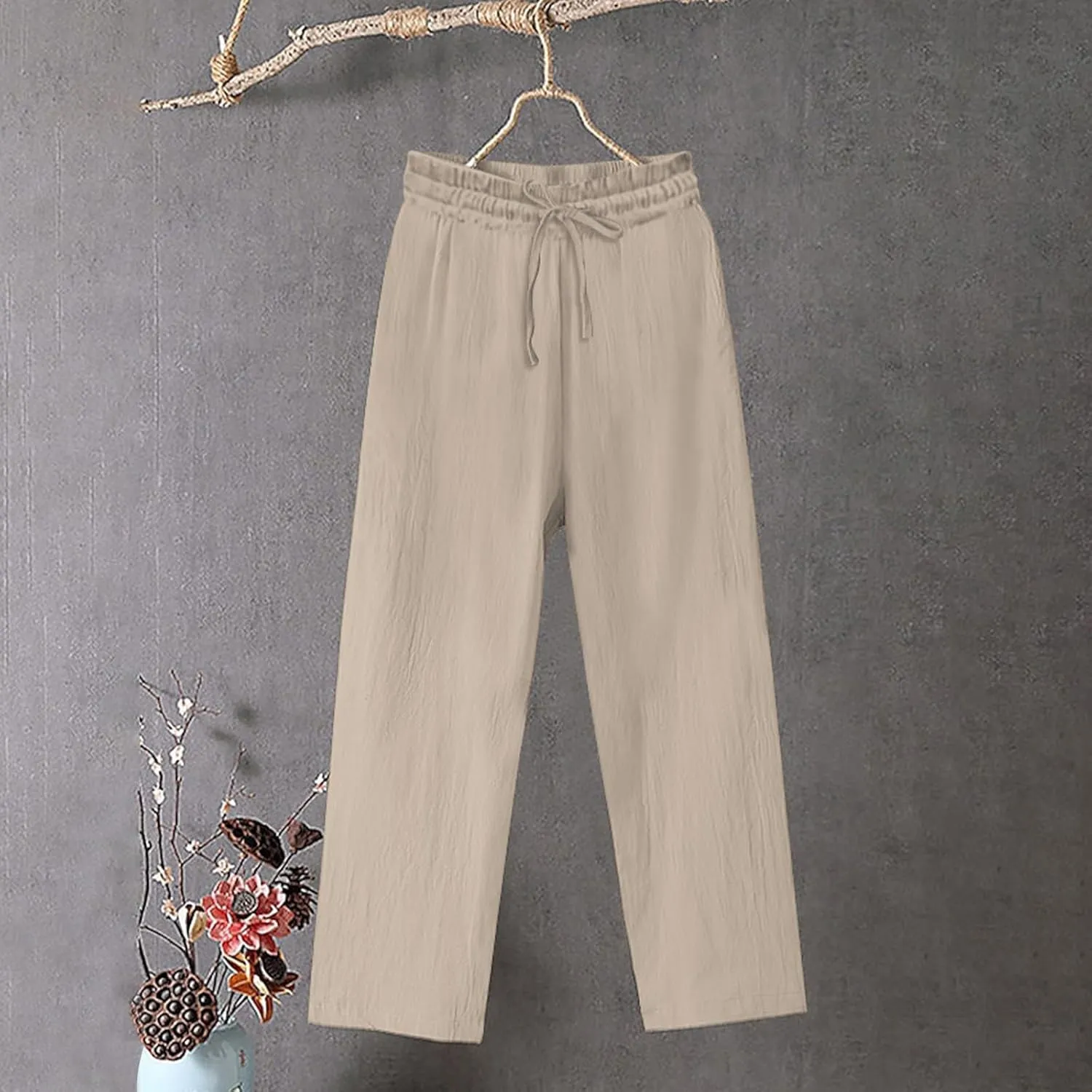 Women's Summer Cotton Linen Pants Drawstring Waist Straight Leg Loose Trousers Lightweight Comfy Boho Beach Pant