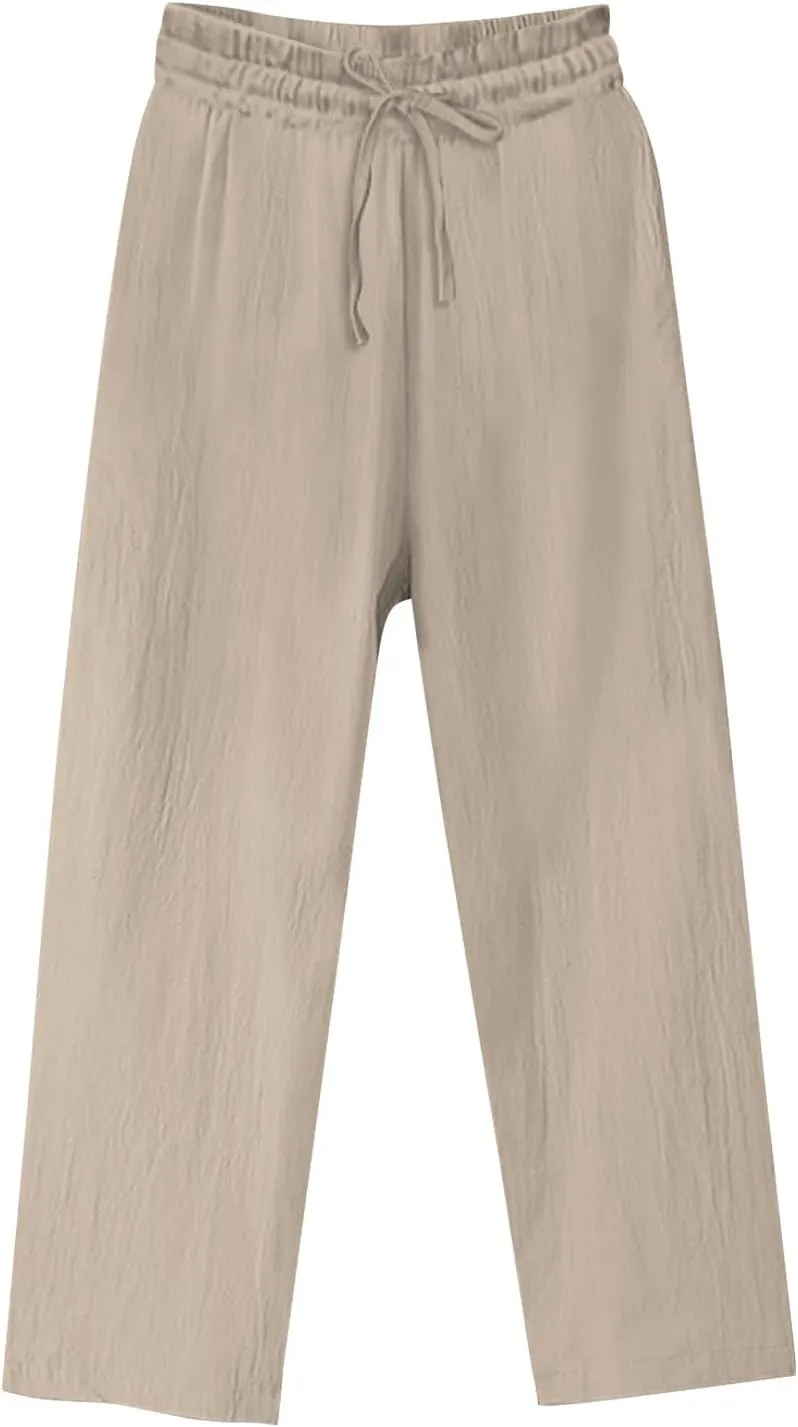 Women's Summer Cotton Linen Pants Drawstring Waist Straight Leg Loose Trousers Lightweight Comfy Boho Beach Pant
