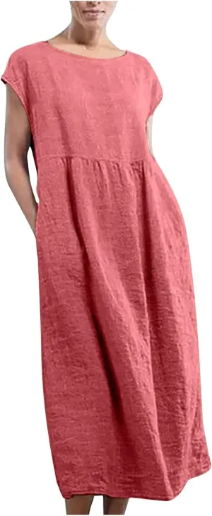Women's Summer Cotton Linen Shirt Dress Short Sleeve Flowy Long Maxi Dresses Plus Size Vocation Party Dress