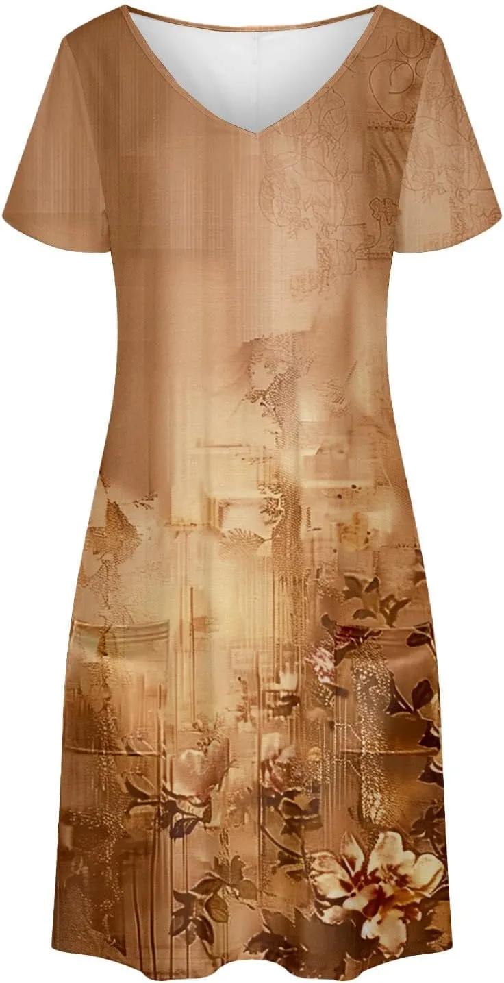 Womens Summer Dresses 2025 Short Sleeve V Neck Floral Shirt Dress Loose Fit Shift Sundress