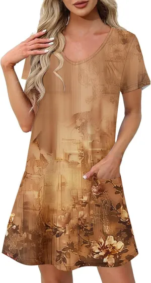 Womens Summer Dresses 2025 Short Sleeve V Neck Floral Shirt Dress Loose Fit Shift Sundress