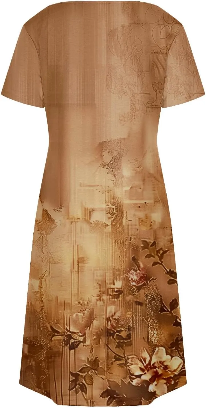 Womens Summer Dresses 2025 Short Sleeve V Neck Floral Shirt Dress Loose Fit Shift Sundress