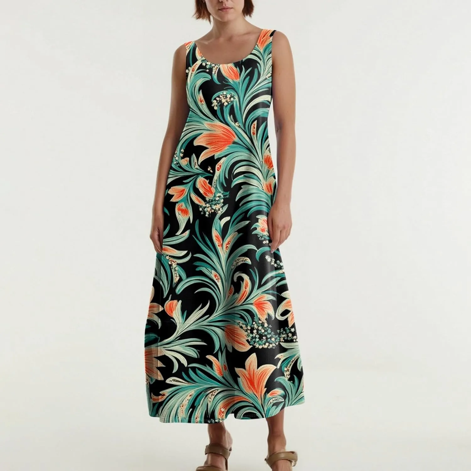 Womens Summer Dresses Casual Crew Neck Solid Sleeveless Long Dress Classic Loose Fit Tank Maxi Dress with Pockets