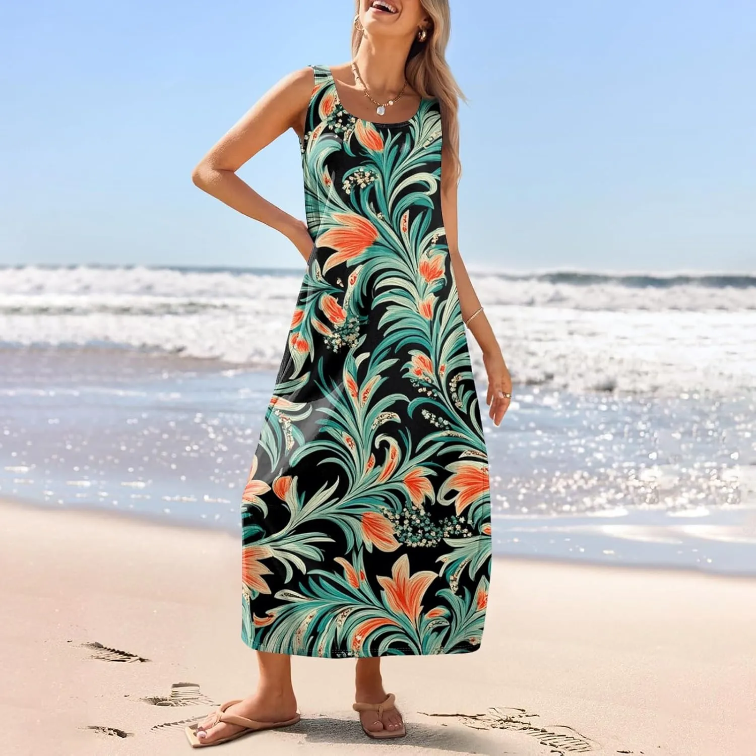 Womens Summer Dresses Casual Crew Neck Solid Sleeveless Long Dress Classic Loose Fit Tank Maxi Dress with Pockets