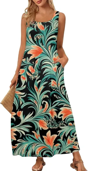Womens Summer Dresses Casual Crew Neck Solid Sleeveless Long Dress Classic Loose Fit Tank Maxi Dress with Pockets