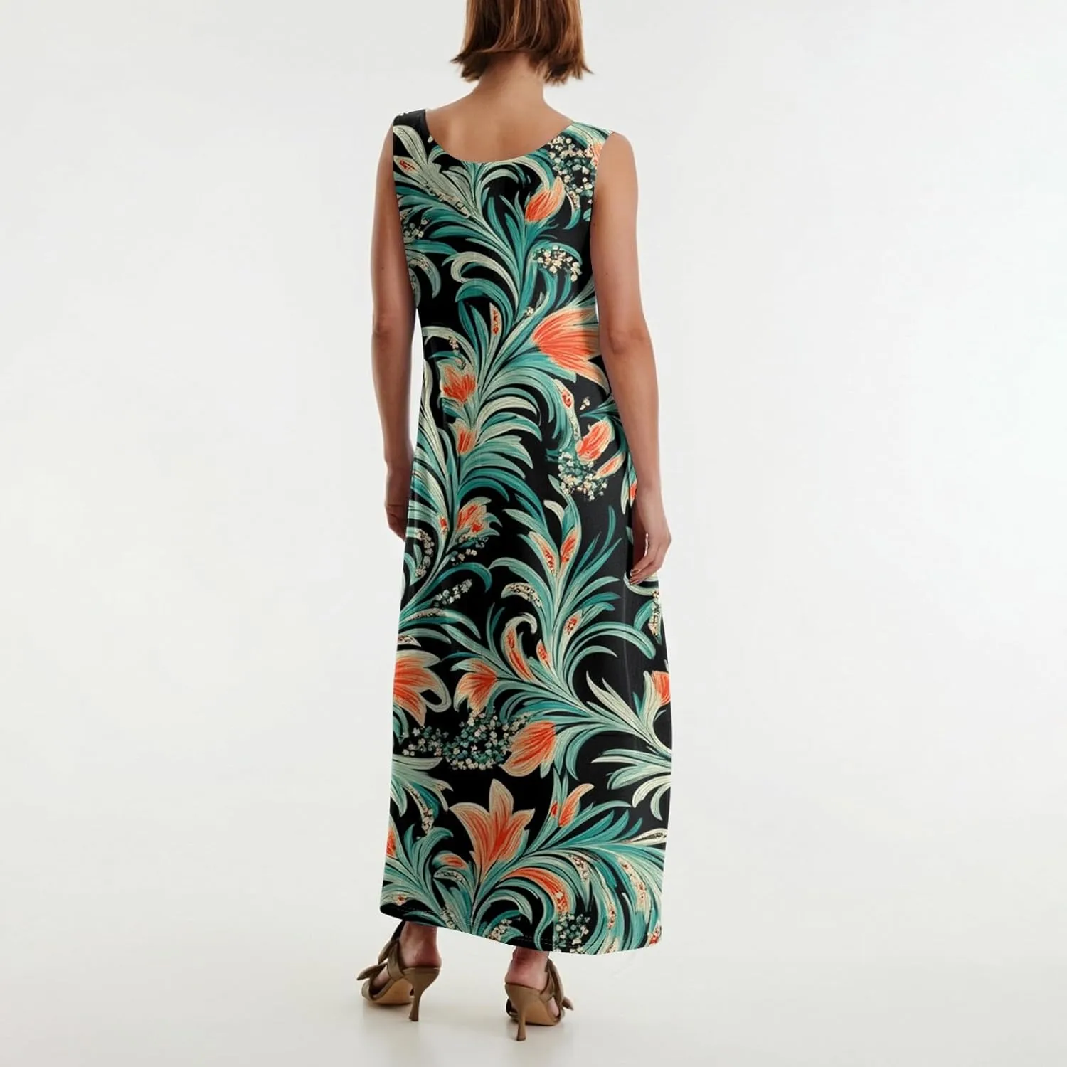 Womens Summer Dresses Casual Crew Neck Solid Sleeveless Long Dress Classic Loose Fit Tank Maxi Dress with Pockets