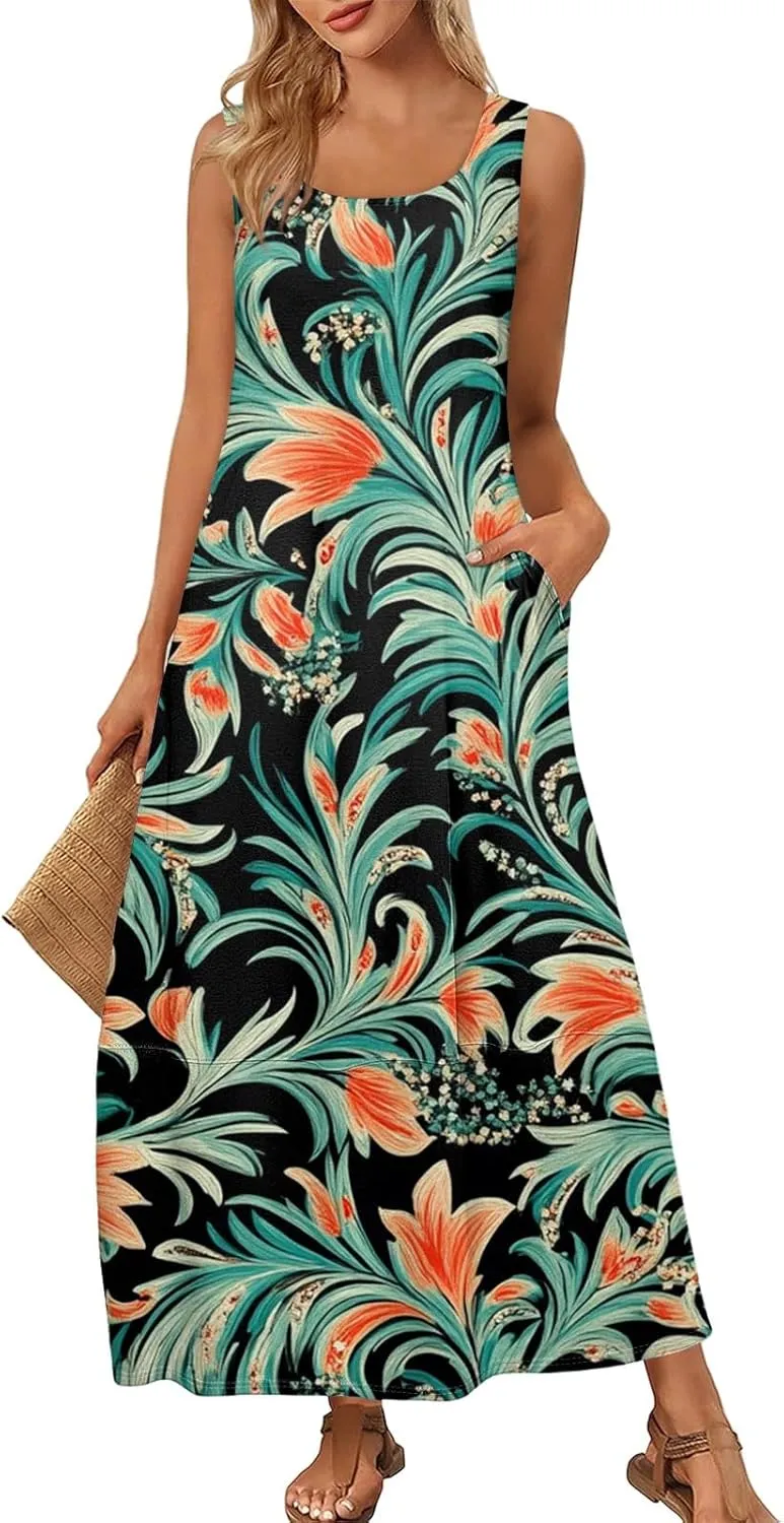 Womens Summer Dresses Casual Crew Neck Solid Sleeveless Long Dress Classic Loose Fit Tank Maxi Dress with Pockets