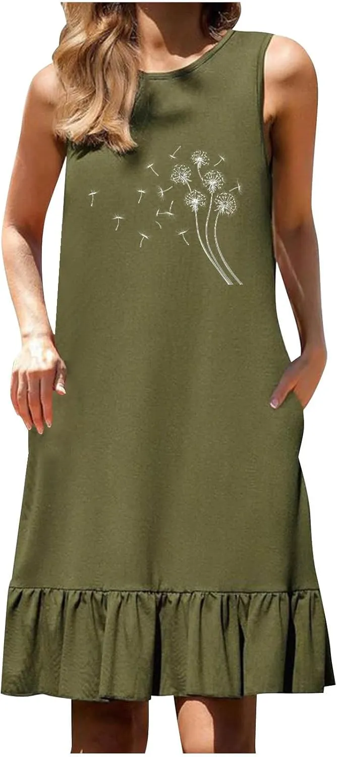 Womens Summer Dresses Floral Printed Sleeveless Shirt Dress Loose Fit Casual Dress Flowy Shift Dress