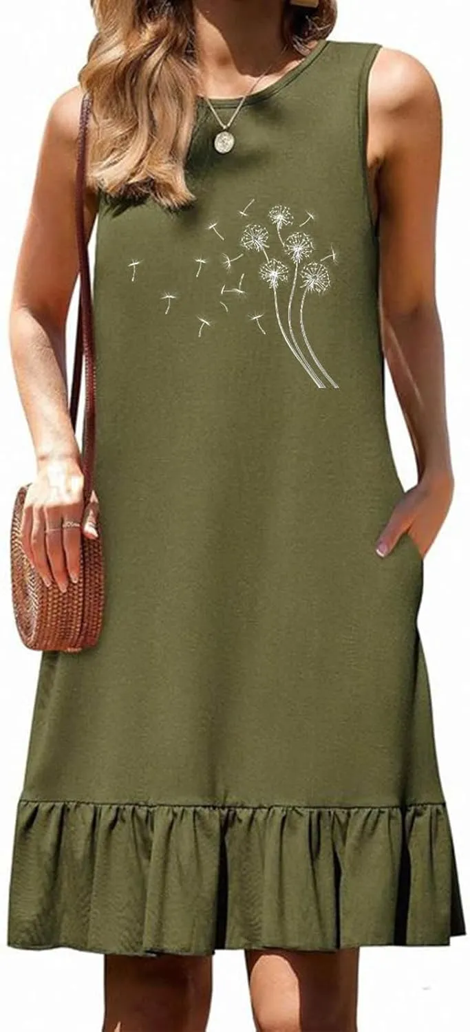 Womens Summer Dresses Floral Printed Sleeveless Shirt Dress Loose Fit Casual Dress Flowy Shift Dress