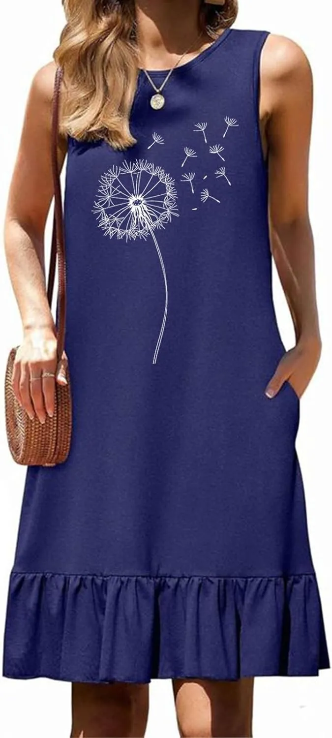 Womens Summer Dresses Floral Printed Sleeveless Shirt Dress Loose Fit Casual Dress Flowy Shift Dress