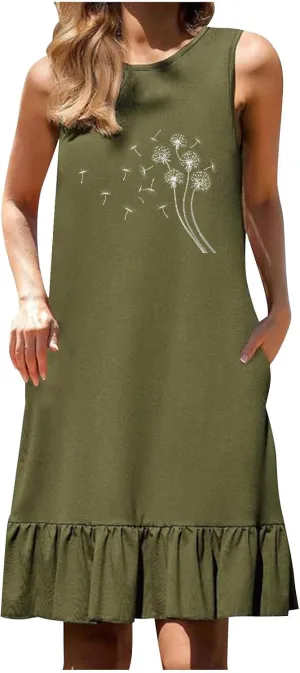 Womens Summer Dresses Floral Printed Sleeveless Shirt Dress Loose Fit Casual Dress Flowy Shift Dress