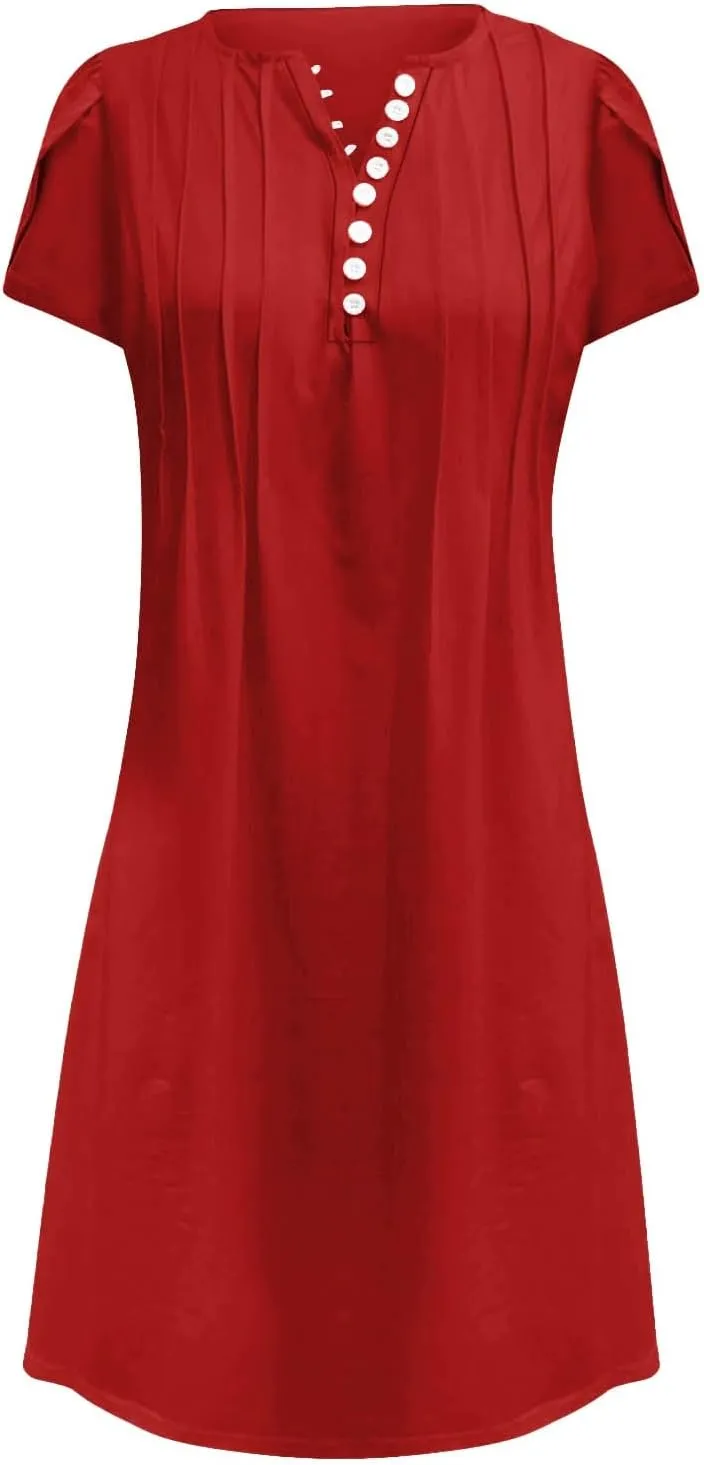 Womens Summer Dresses Pleated Front Button Round Neck Short Sleeve Casual Loose Beach Vacation Mini Dress