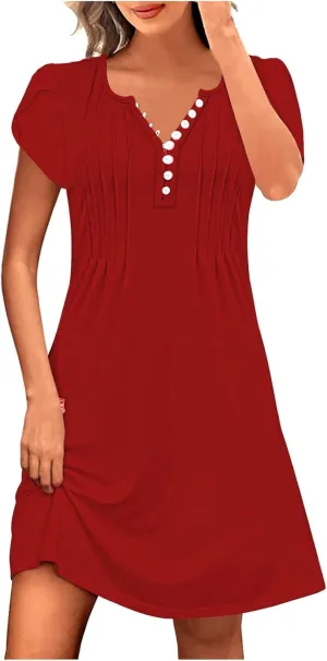 Womens Summer Dresses Pleated Front Button Round Neck Short Sleeve Casual Loose Beach Vacation Mini Dress