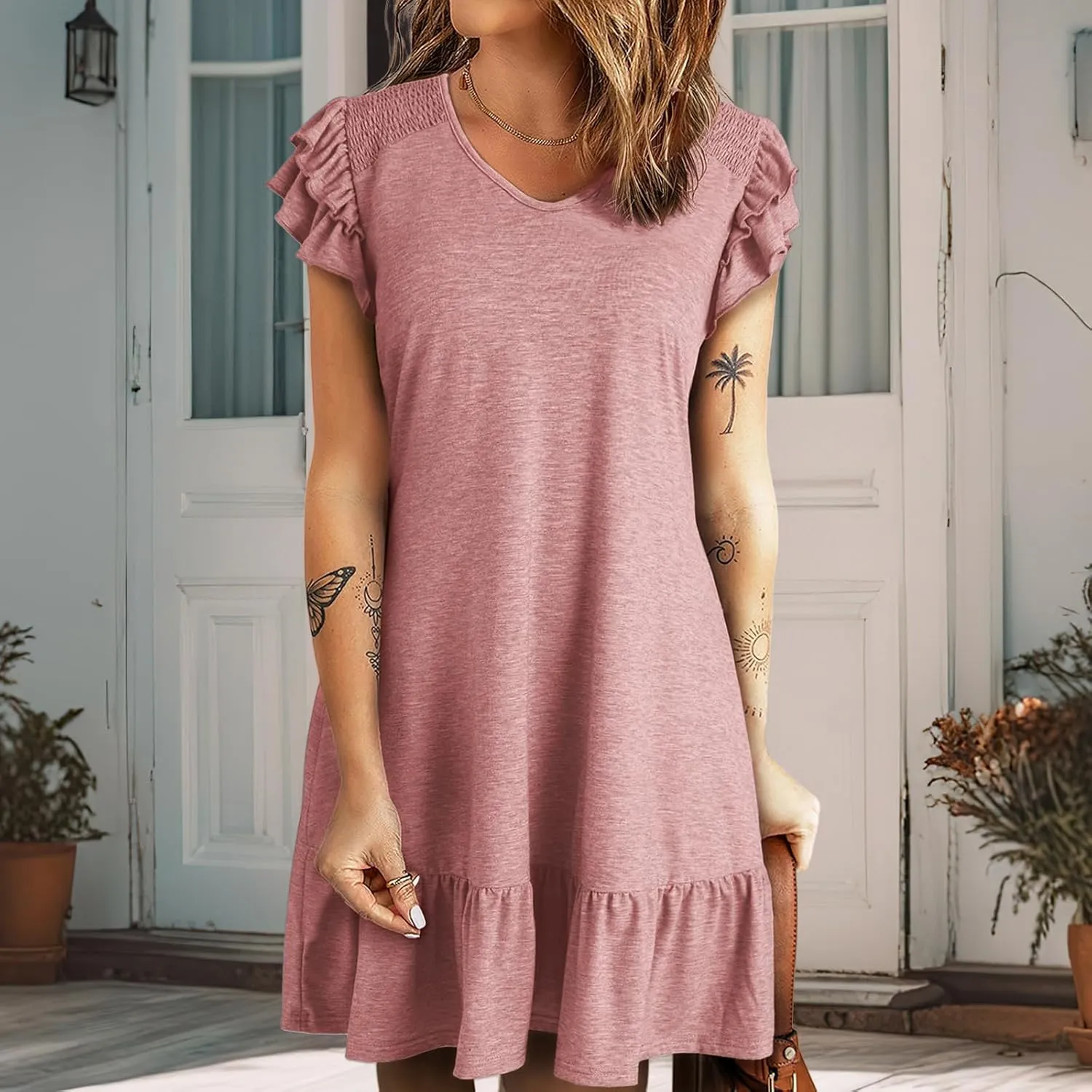 Womens Summer Dresses Ruffle Cap Sleeve Mini Dress Loose Pleated V Neck A-Line Swing Tshirt Dress Sundress